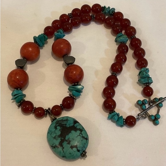 Necklace ARTISAN Handmade Turquoise Carnelian Coral Sterling Silver